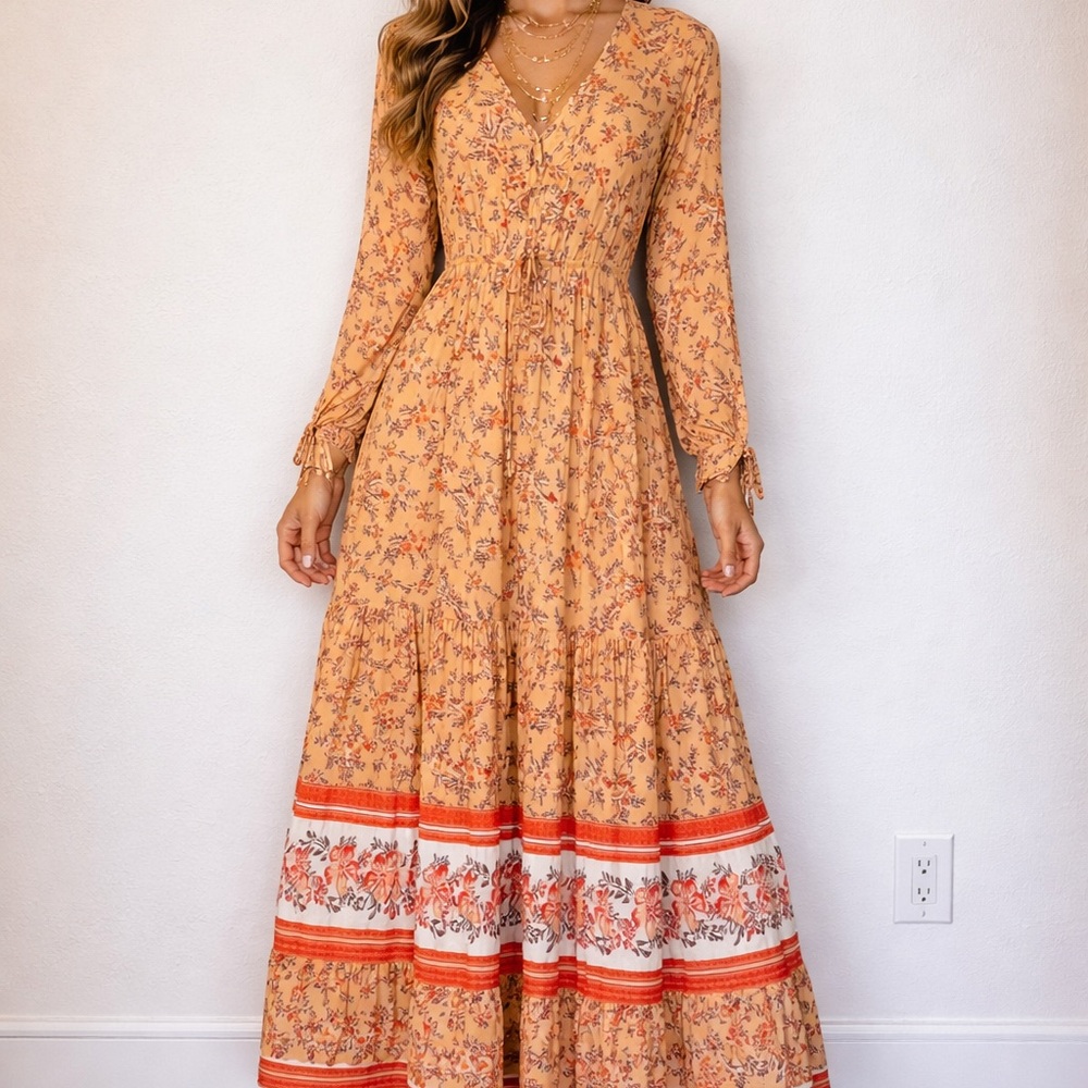 Maxi Flowy Prairie Tiered Boho Orange Breathable Light Flattering Cotton Dress M
